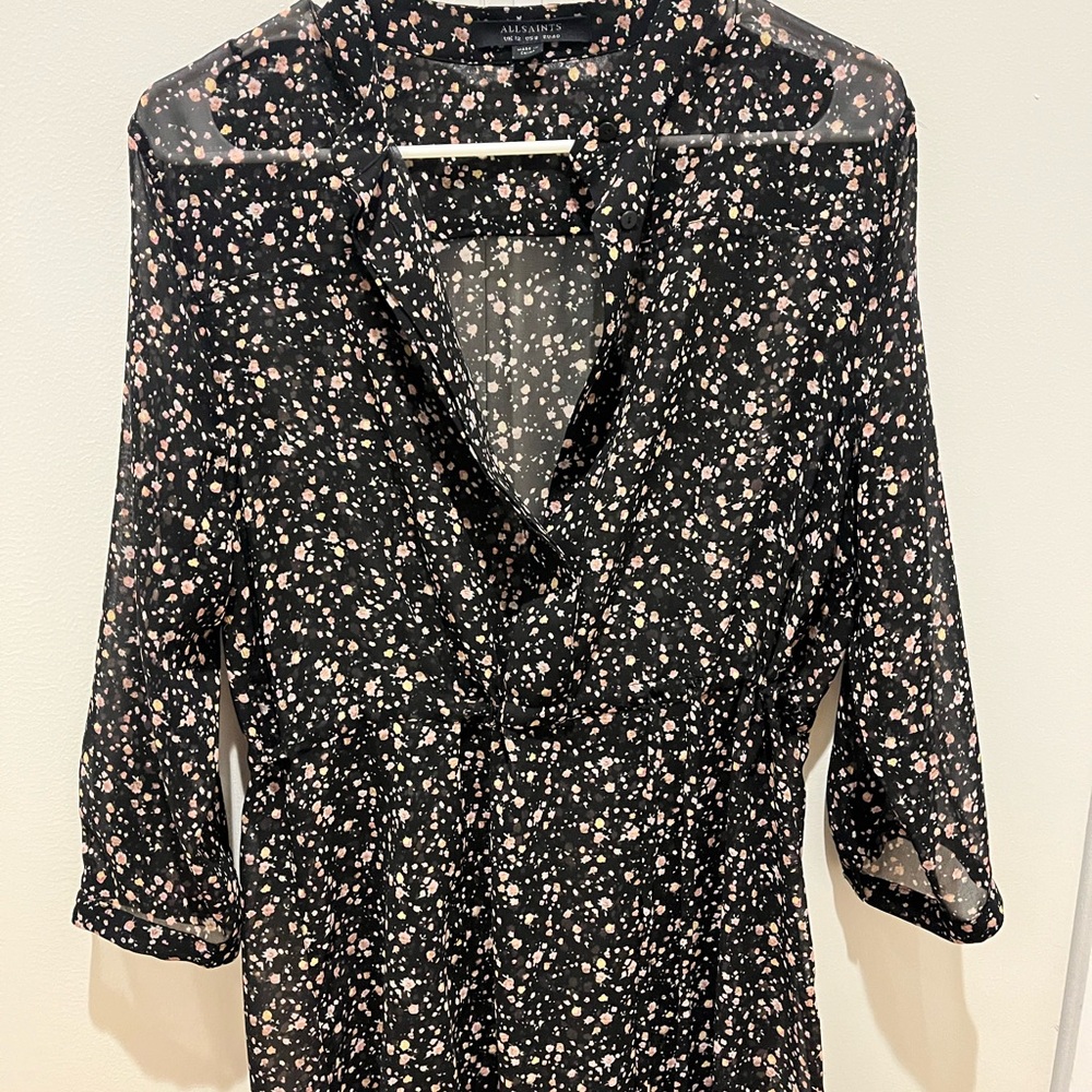 All Saints Sheer Black Dress with Pink Floral Pattern used
